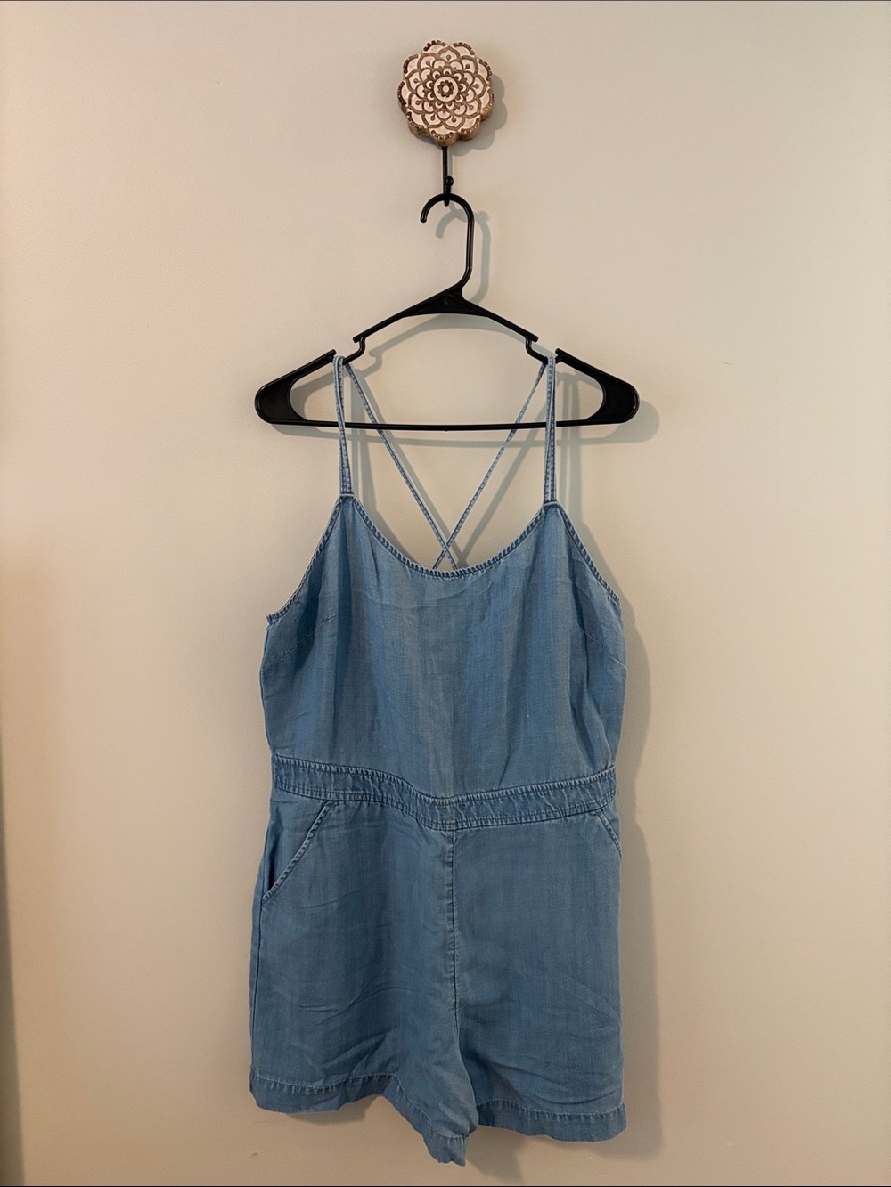 LOFT Light Blue Chambray Romper with Strappy Back